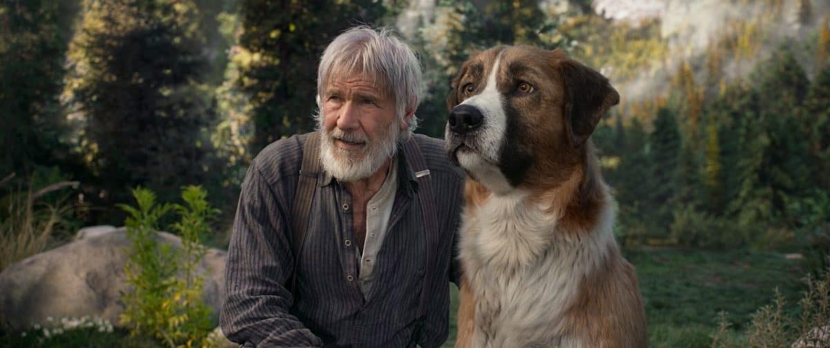 Harrison Ford mit CGI Hund Buck in der Wildnis.