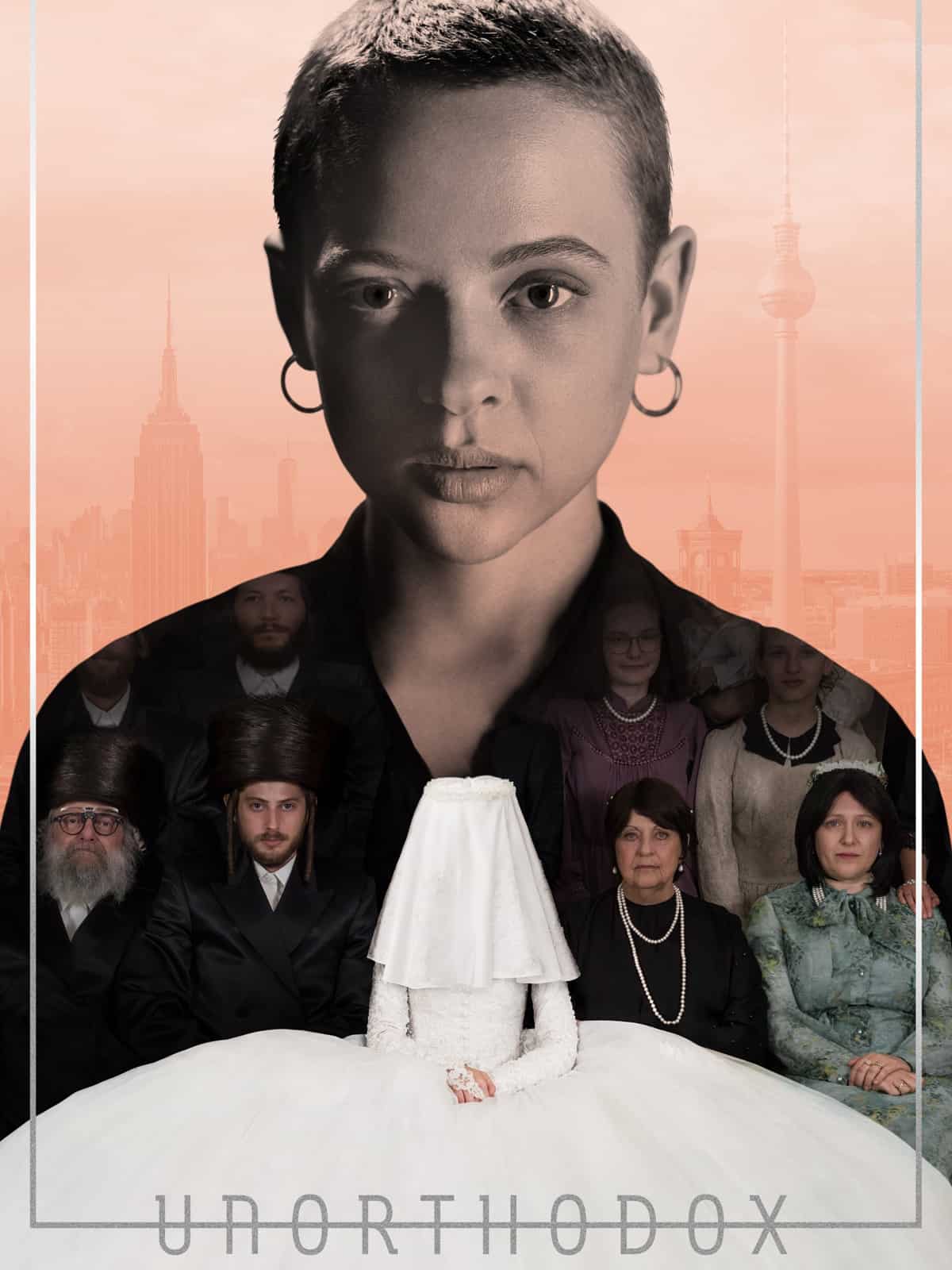 Unorthodox Plakat Serie Netflix. Eine junge Frau ist mit rasiertem Kopf zu uns gewand.