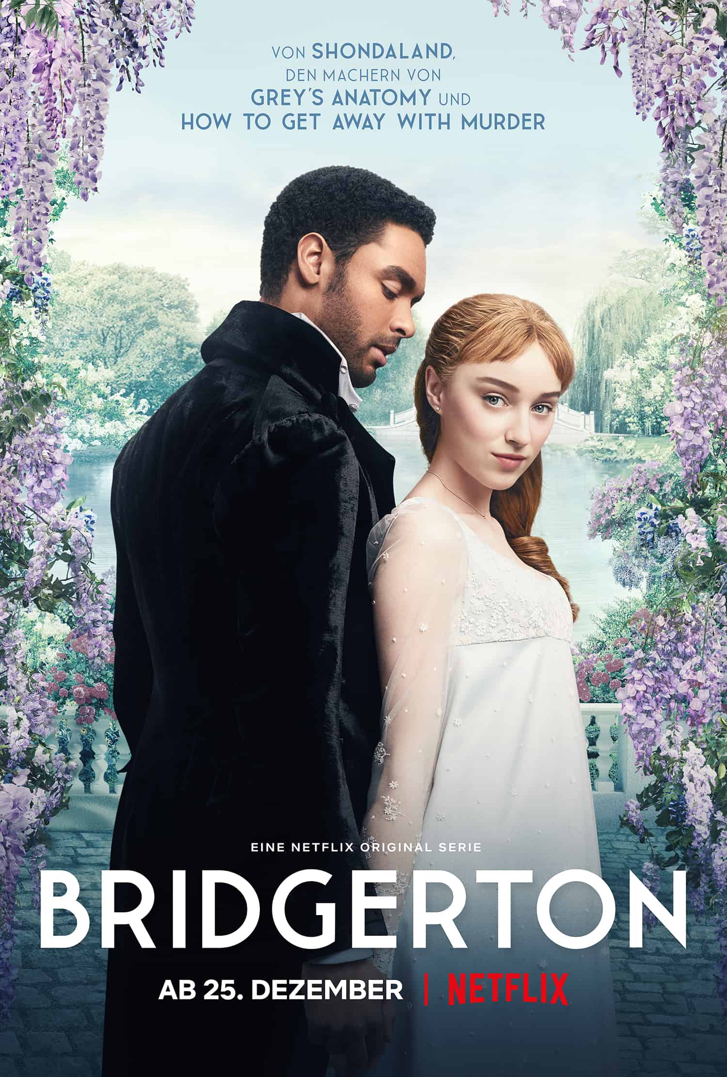Poster zur Serie Bridgerton mit einem Mann und einer Frau in viktorianischen Kleidungsstil.