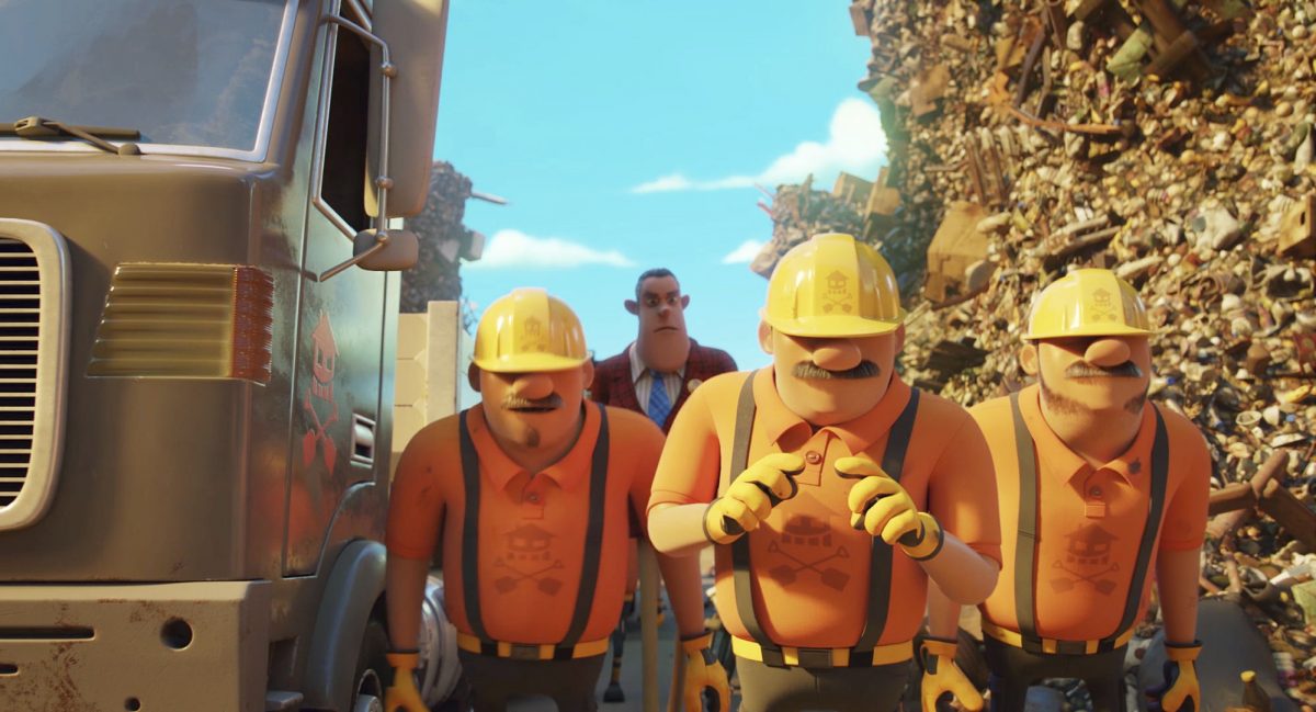 Bauunternehmer Hammer erscheint mit seinen Arbeitern auf der Müllkippe in Die Olchis