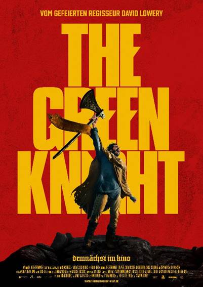 Neues Filmplakat zu The Green Knight zeigt den Titel Schriftzug auf rotem Hintergrund