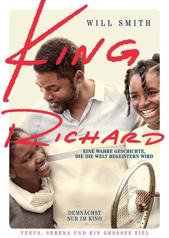 Will Smith mit zwei jungen Mädchen im Arm auf dem Plakat zu seinem film King Richard
