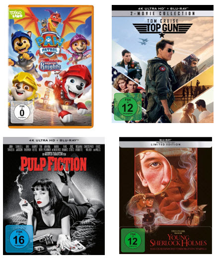 Vier DVD Cover: Paw Patrol, Top Gun Collection, Pulp Fiction, Young Sherlock Holmes