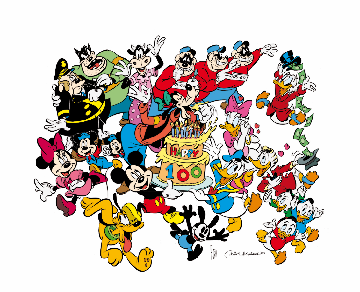 Viele Disney Charaktere mit einer Geburtstags-Torte zum 100-jährigen Jubiläum der Disney Company
