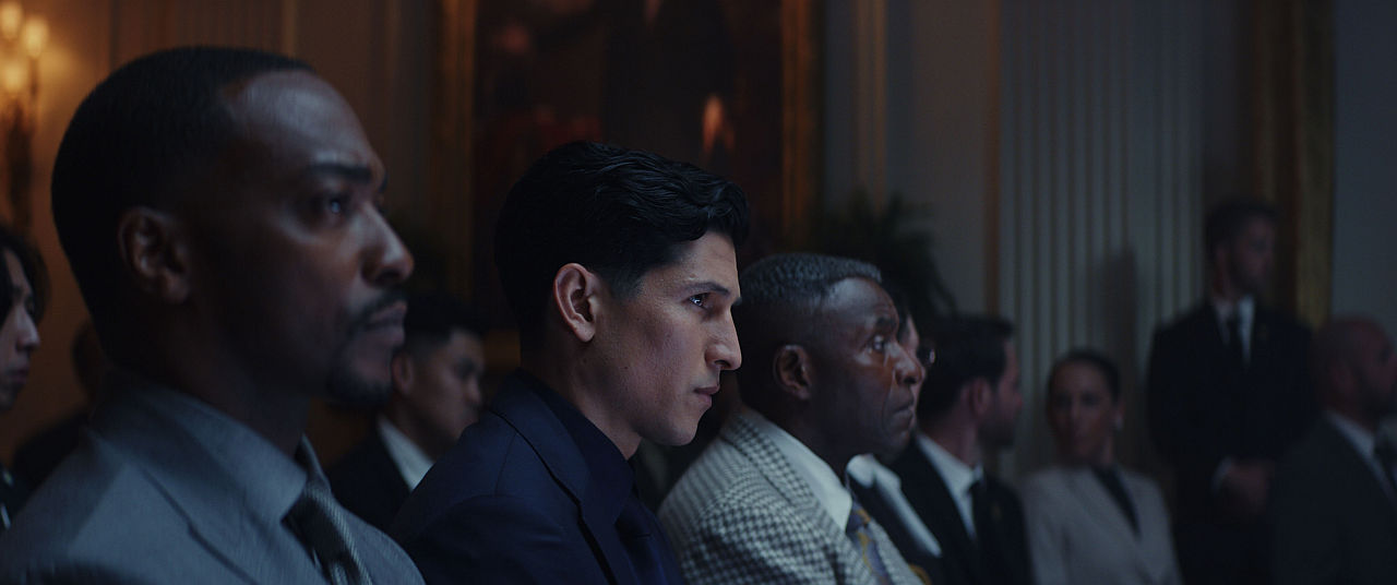 (L-R) Captain America/Sam Wilson (Anthony Mackie), Joaquin Torres/The Falcon (Danny Ramirez) and Isaiah Bradley (Carl Lumbly) in Marvel Studios' CAPTAIN AMERICA: BRAVE NEW WORLD.