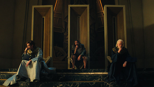 Cassian Bilton, Lee Pace und Terrence Mann in "Foundation "Staffel 3