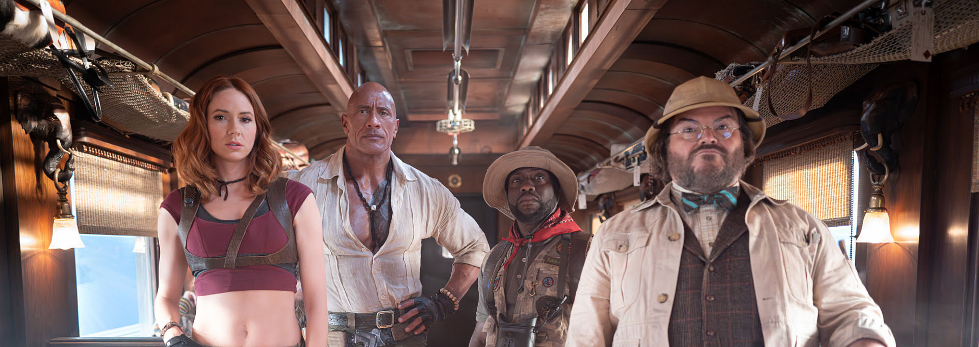 (L-R) Karen Gillan, Dwayne Johnson, Kevin Hart und Jack Black in Jumanji: Open World