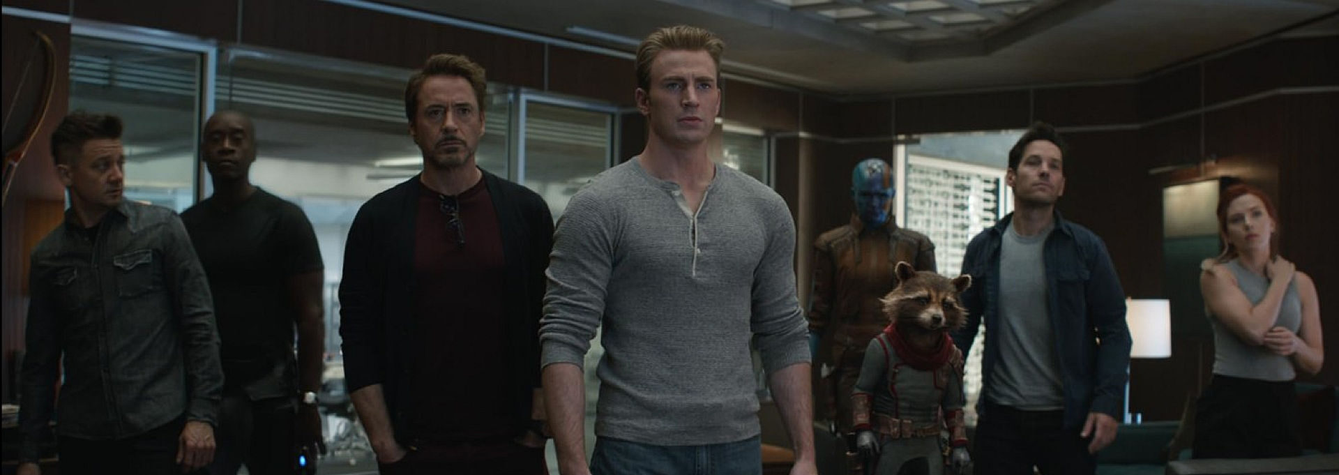 Don Cheadle, Robert Downey Jr., Bradley Cooper, Chris Evans, Sean Gunn, Scarlett Johansson, Jeremy Renner, Paul Rudd, and Karen Gillan in Avengers: Endgame (2019)